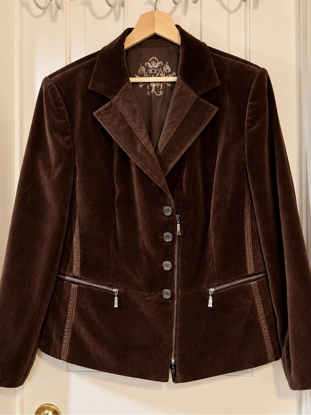 Chocolate Brown Velvet Blazer Jacket – Tailored Zip Detail Elegant